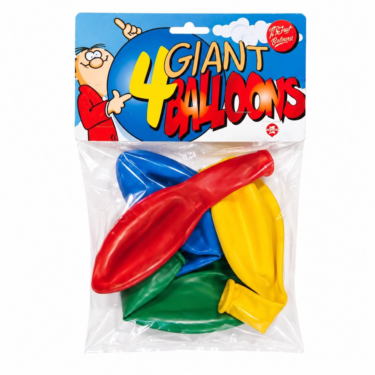 Packshot af Balloner Gigant Mix 4 stk. 130 cm i rød, blå, gul og grøn – ekstra store latexballoner til fødselsdag, bryllup og fest.