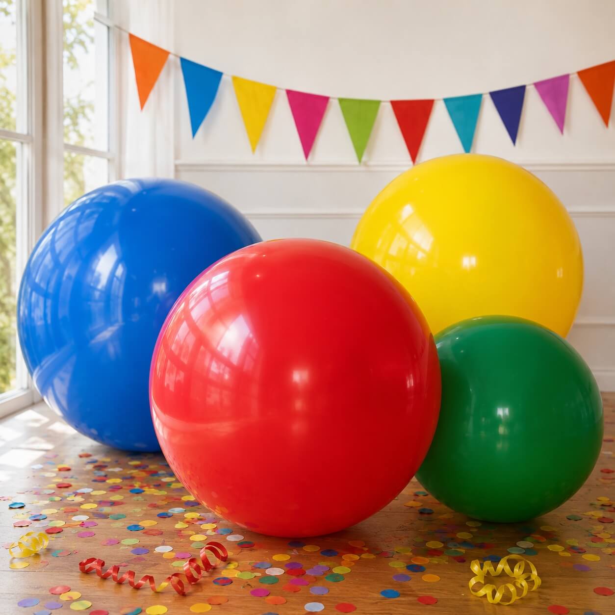 Gigant Balloner Mix 130 cm i rød, blå, gul og grøn skaber en festlig stemning til fødselsdag, bryllup, konfirmation og andre festlige begivenheder.