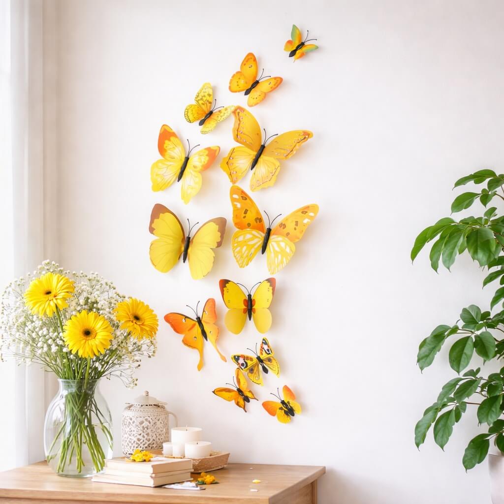 Gule 3D sommerfugle vægdekoration arrangeret på lys væg over træbord med blomster og grøn plante