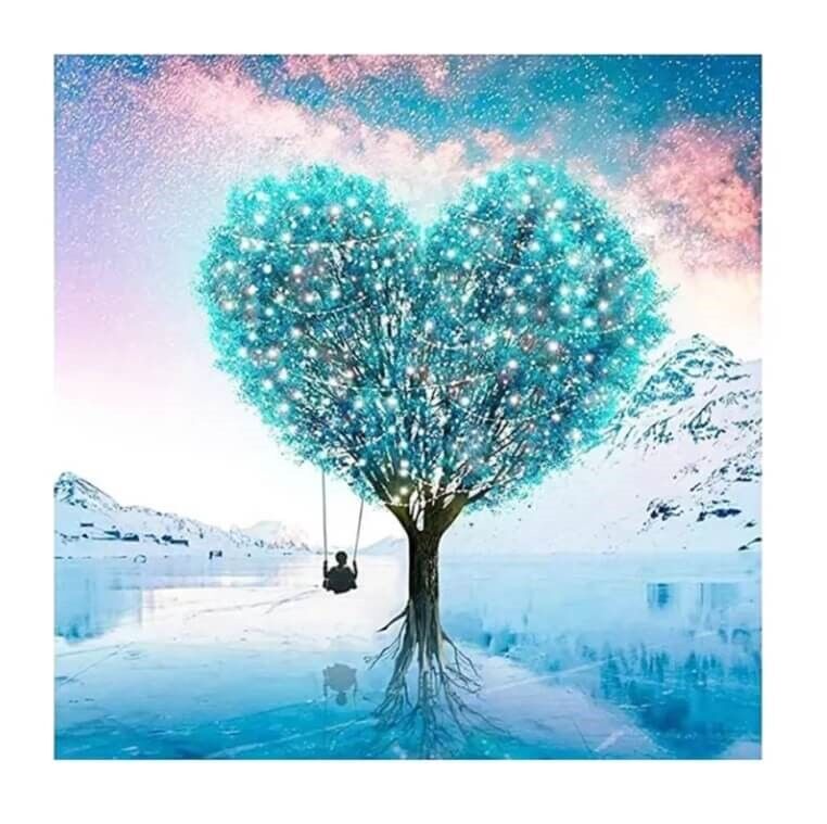 Diamond Painting blåt hjerte træ med blade
