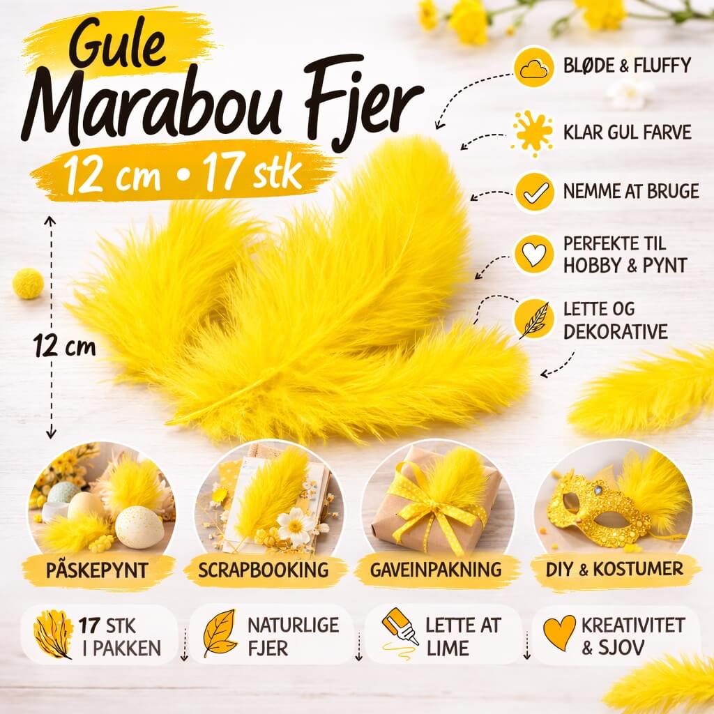 Infografik med gule marabou fjer 12 cm – 17 stk til hobby, scrapbooking, påskepynt, gaveindpakning og DIY dekoration