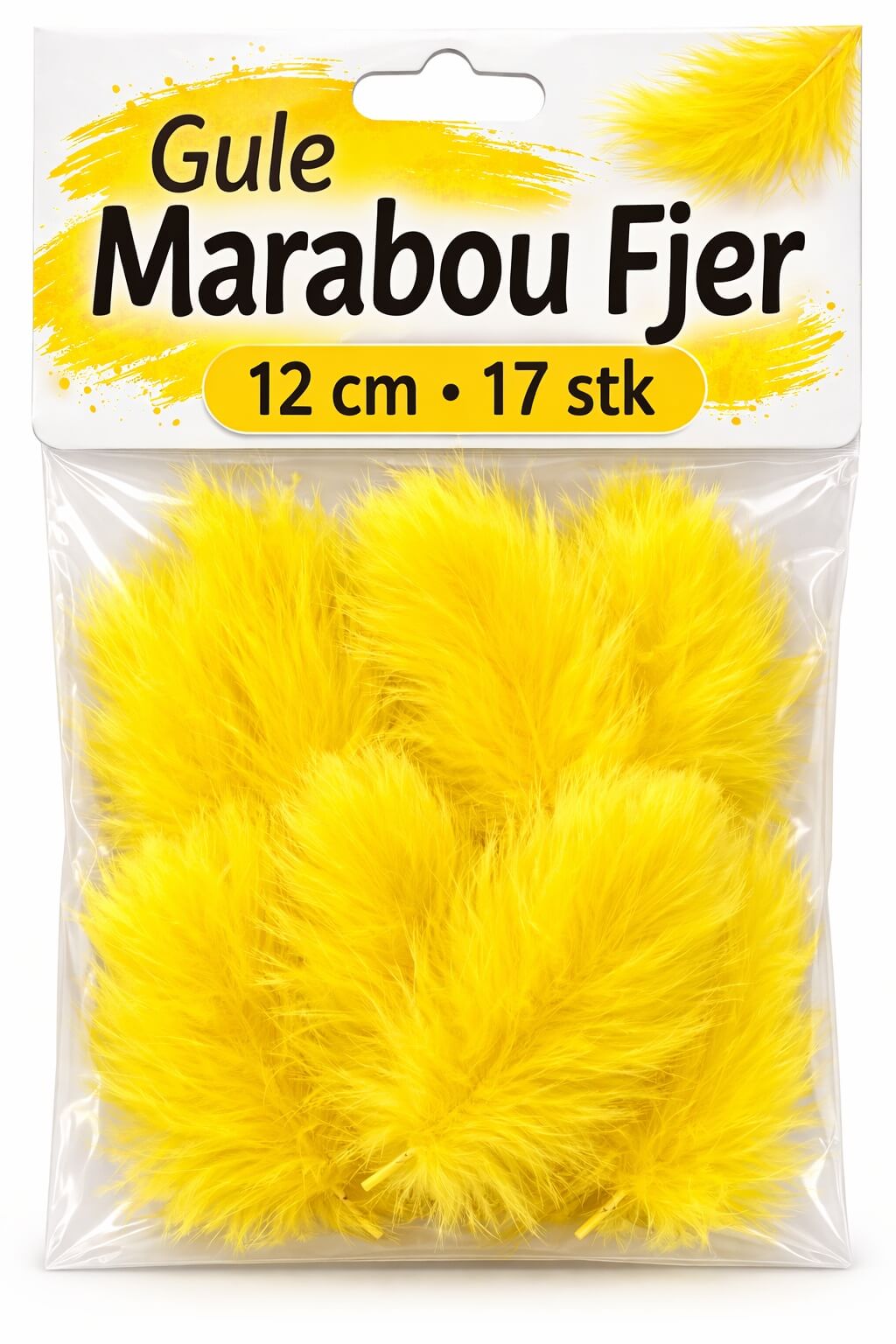 Packshot af gule marabou fjer 12 cm i pakke med 17 stk til hobby, scrapbooking, påskepynt og kreative DIY projekter