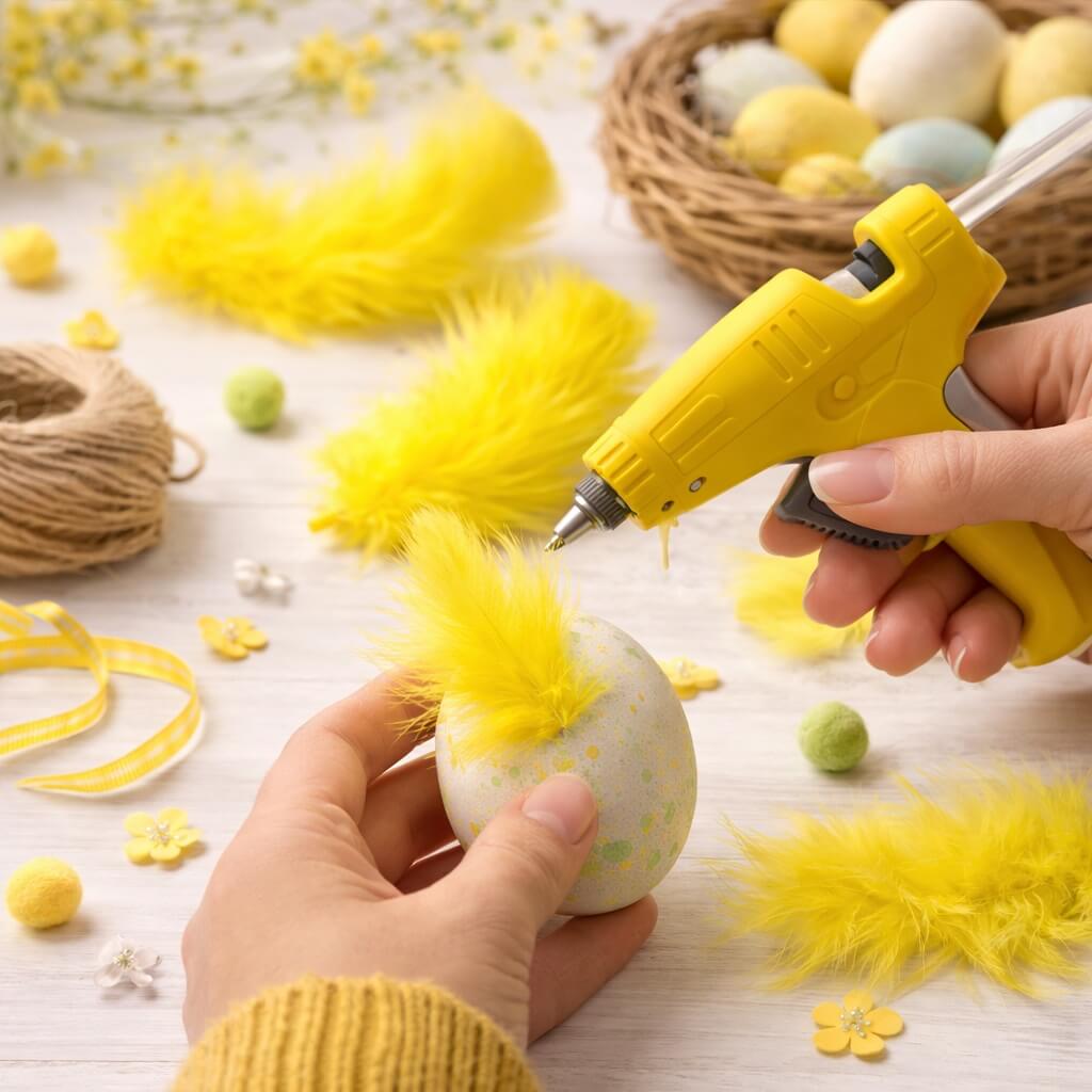 Person der bruger gule marabou fjer til at dekorere påskeæg med limpistol til hobby, påskepynt og kreative DIY projekter