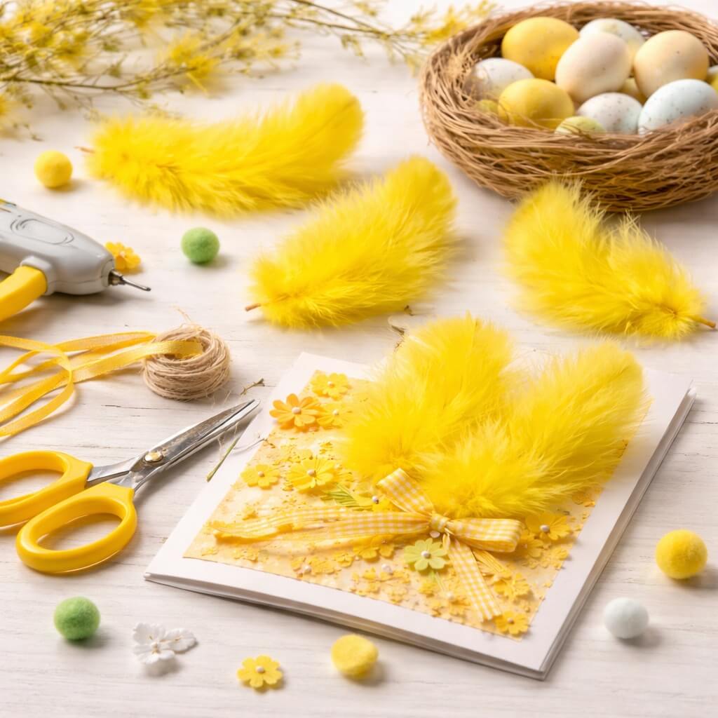 Stemningsbillede med gule marabou fjer brugt til scrapbooking, kortfremstilling og påskepynt i kreative hobbyprojekter