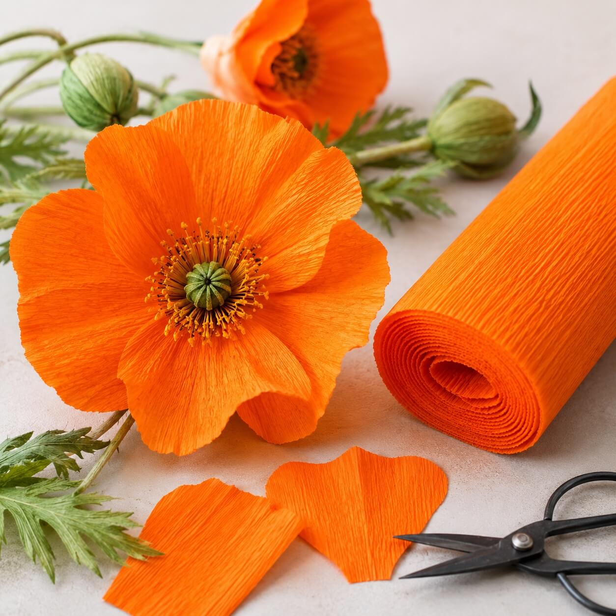 Orange papirblomst lavet med Cartotecnica Rossi Superior Florist crepepapir 180g sammen med crepepapir og hobbyværktøj