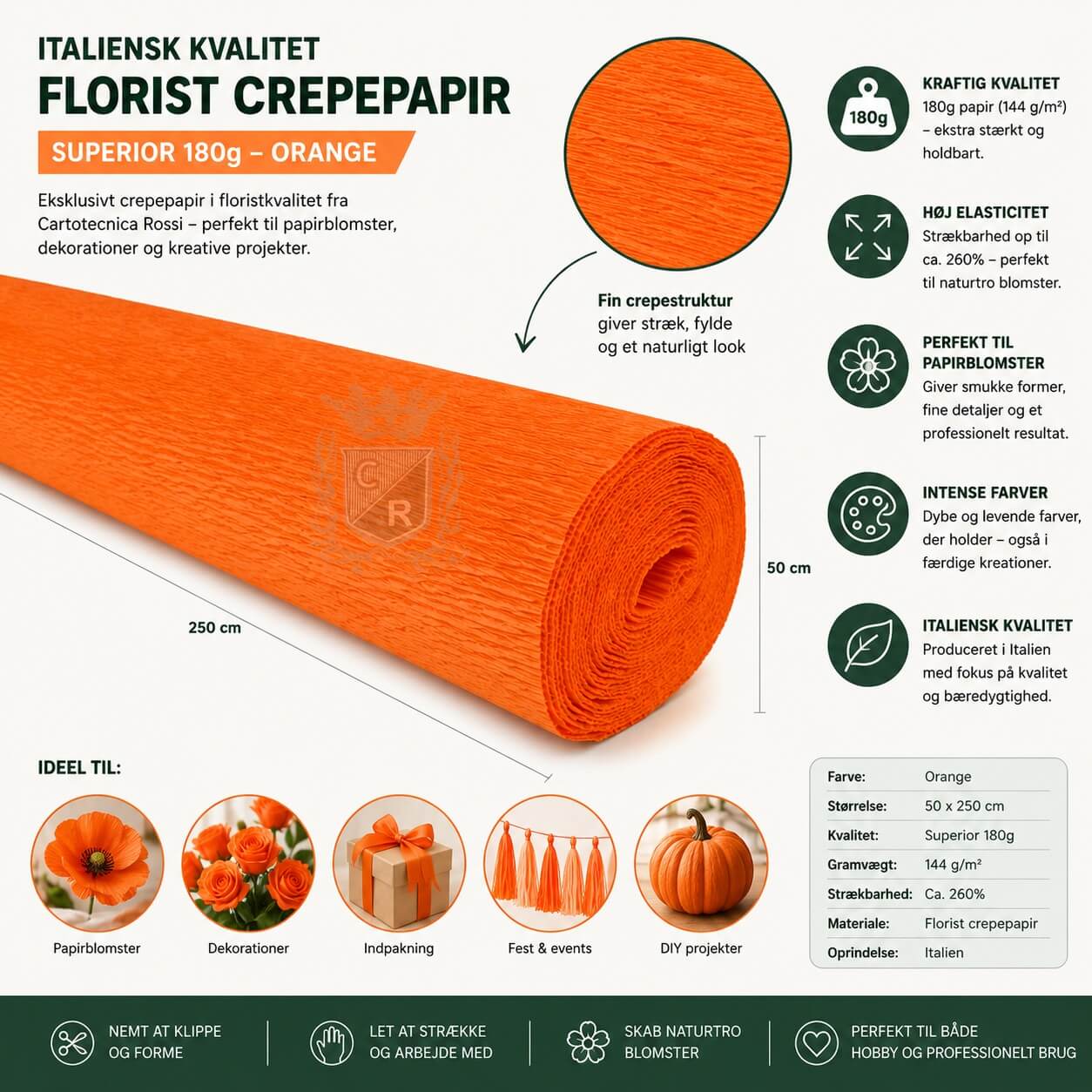 Infografik med Cartotecnica Rossi Superior Florist crepepapir orange 180g med information om elasticitet, størrelse og anvendelse til papirblomster