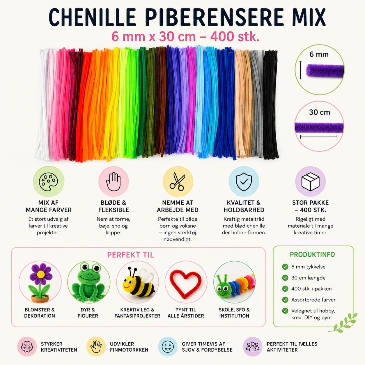 Chenille piberensere mix 6 mm x 30 cm 400 stk infografik med farverige piberensere til hobby, krea, DIY projekter, skole og institution