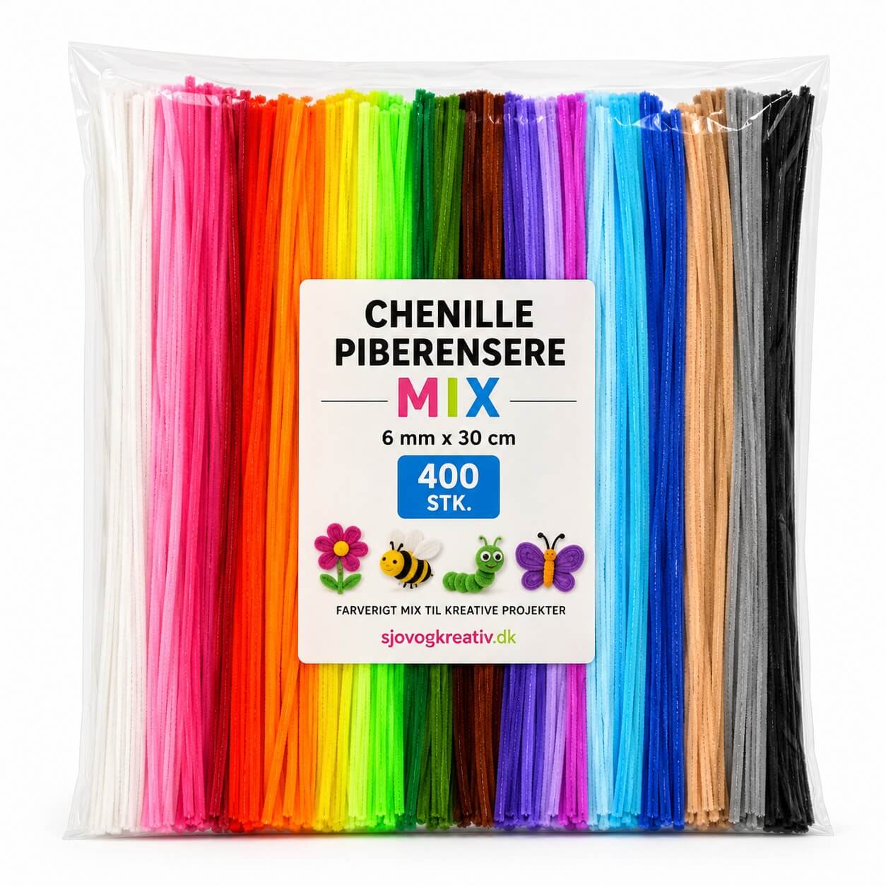 Chenille piberensere mix 6 mm x 30 cm 400 stk i assorterede farver til hobby, krea og kreative projekter