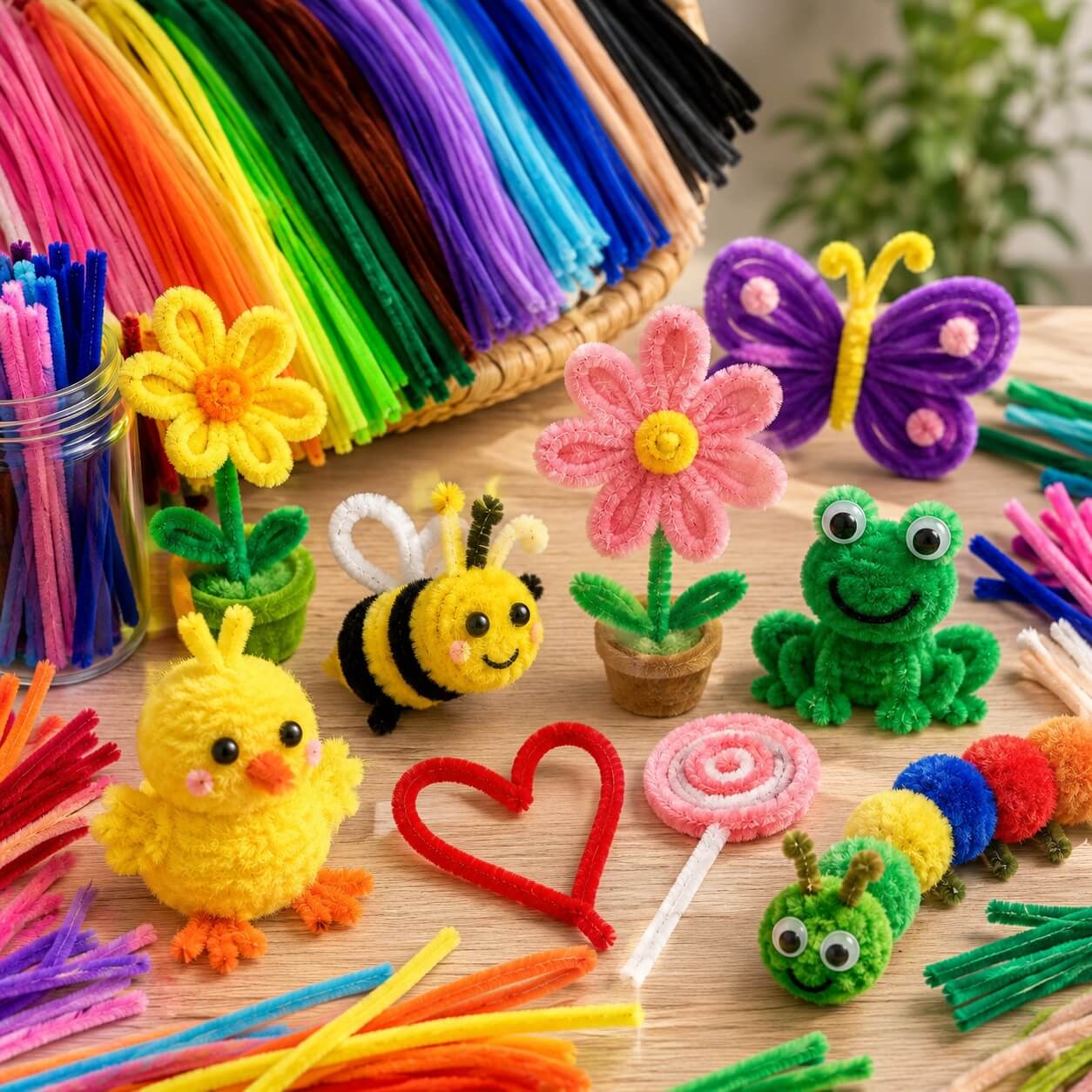 Farverige figurer, blomster, sommerfugl, bi og frø lavet af chenille piberensere til hobby, krea og kreative projekter