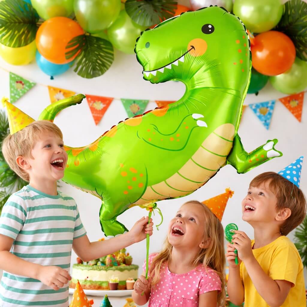 Børn til dinosaur fødselsdag leger med grøn T-Rex folie ballon med helium – festpynt og ballon til børnefest