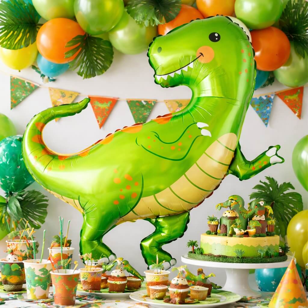 Dinosaur fødselsdag pynt med T-Rex folie ballon, balloner, kage og festbord til børnefødselsdag