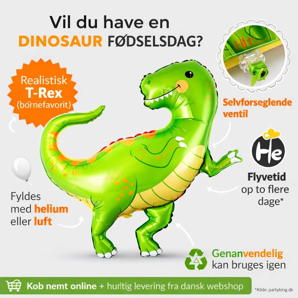 Infografik af grøn T-Rex folie ballon med helium, selvforseglende ventil og genanvendelig funktion til dinosaur fødselsdag