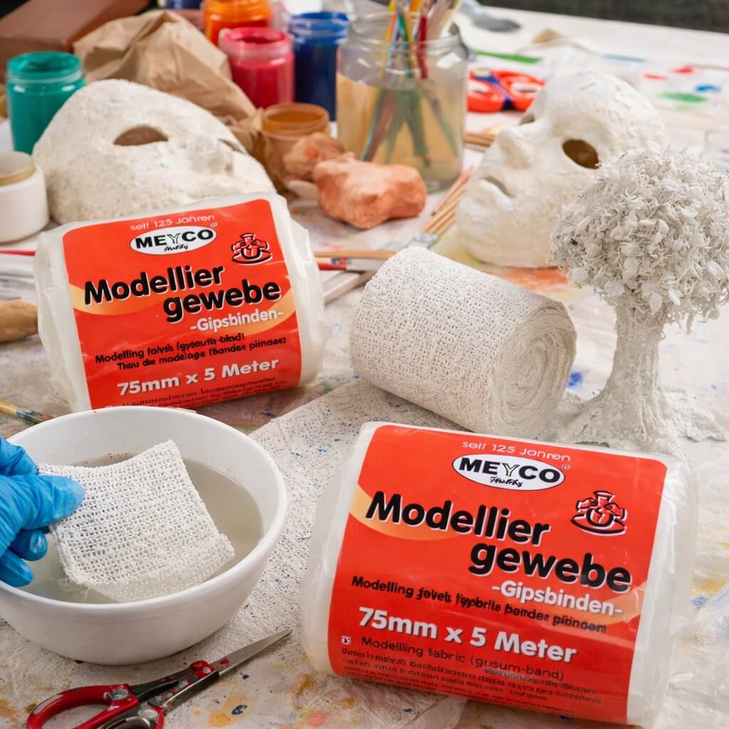 Gipsbind 75mm x 5m brugt til DIY maskefremstilling i kreativ hobby-workshop