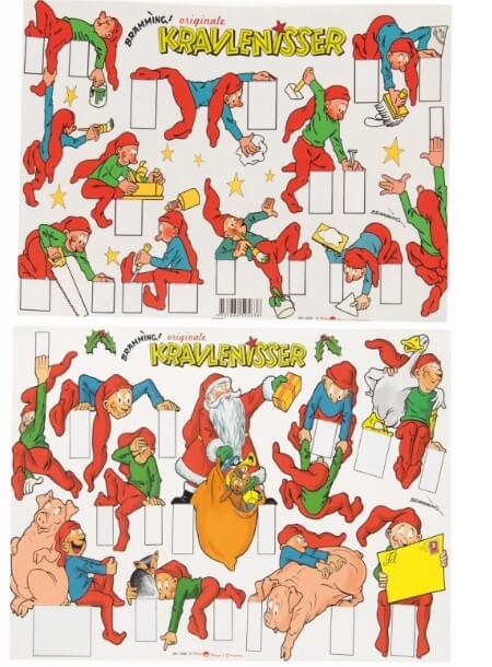 Illustration af Brammings kravlenisser i rødt og grønt, der kravler, hænger og leger omkring hvide felter på et ark med udstansede figurer