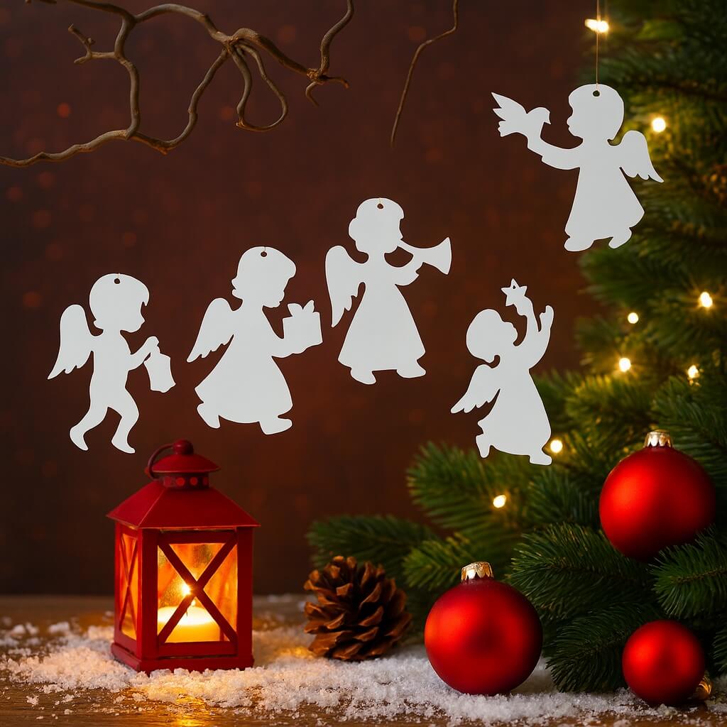 Hvide kartonengle på 15 cm hænger fra en gren, omgivet af julepynt med lanterne, gran og røde kugler.