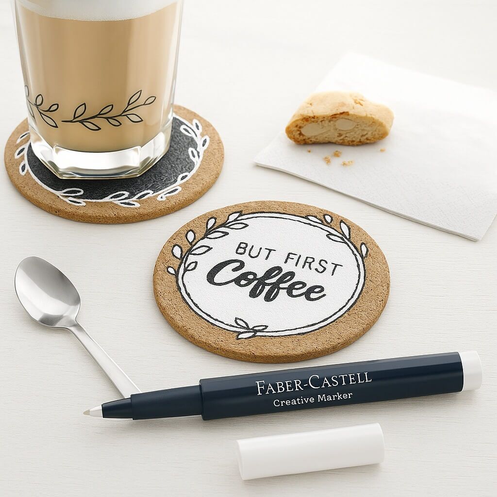 Faber-Castell Creative Marker White as Snow lagt ved kreative korkbordskånere dekoreret med hvid blæk og en latte i baggrunden.