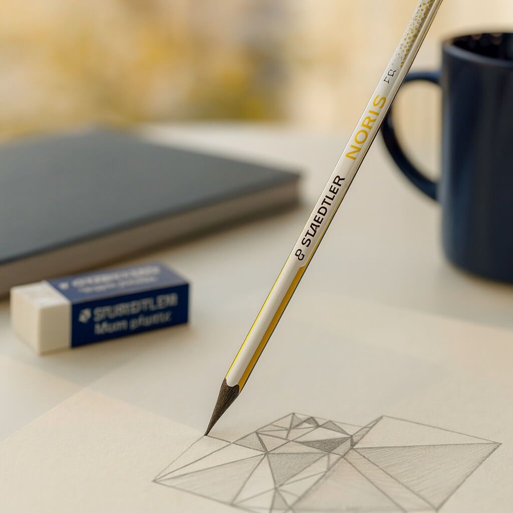 Staedtler NORIX 181 sæt med to HB-blyanter, et hvidt viskelæder og en blå enkelt-hul blyantspidser.