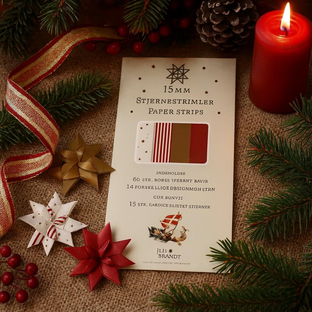 Pakke med stjernestrimler i fire julemotiver omgivet af flettede papirjulestjerner, gran og et tændt rødt lys.