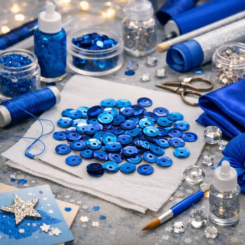 Blå pailletter 6 mm til hobby og syning omgivet af kreative materialer og glitter