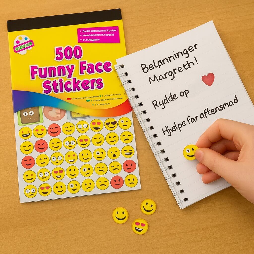 Smiley og emoji stickers brugt som belønningsstickers i notesbog med danske tekster på et træbord