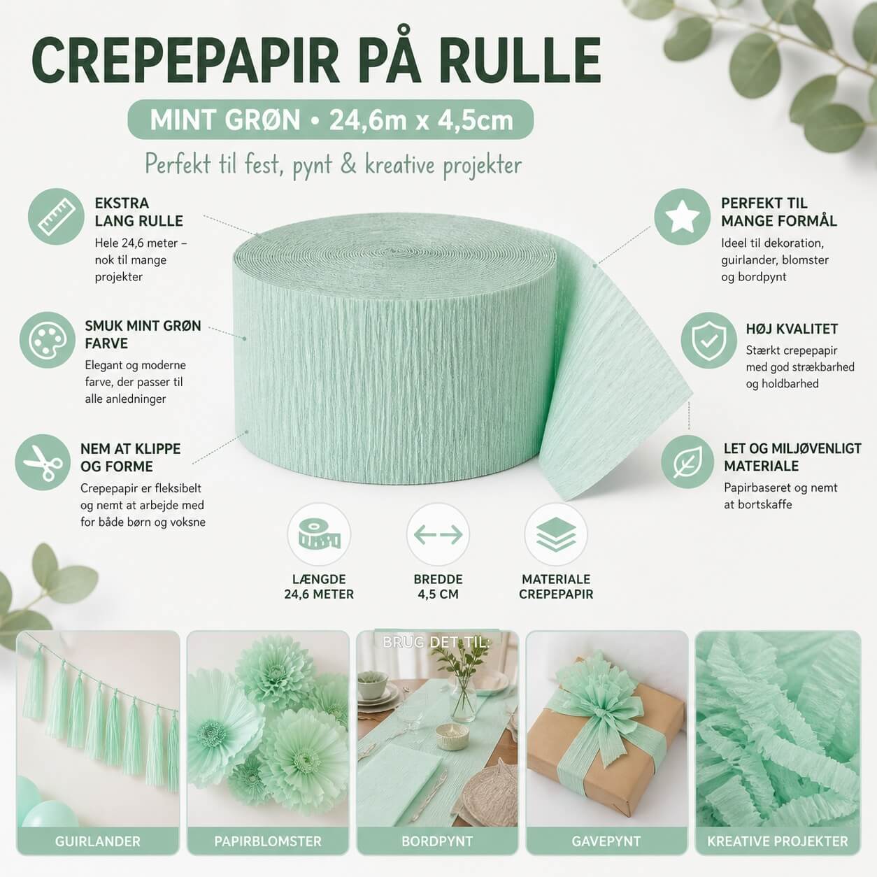 Infografik af crepepapir rulle mint grøn 24,6 meter x 4,5 cm til fest, pynt og DIY projekter