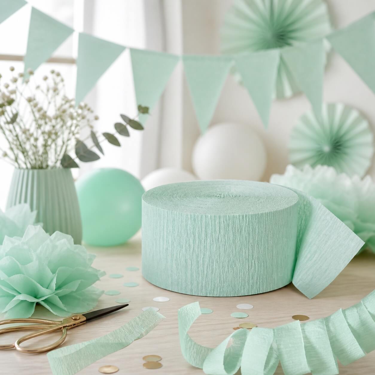 Mint grøn festpynt med crepepapir rulle, papirblomster og guirlande til baby shower og fødselsdag