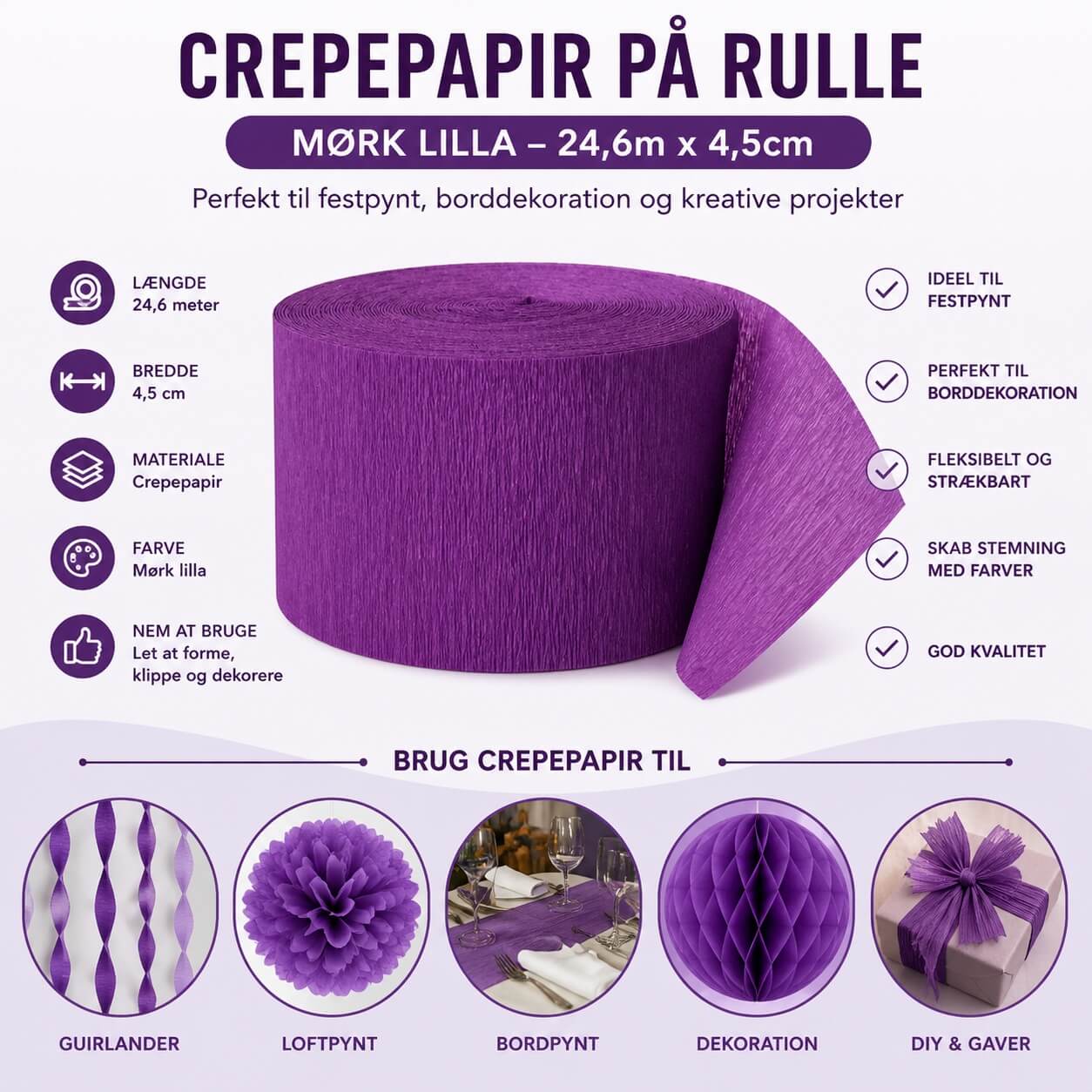 Crepepapir på rulle mørk lilla 24,6m x 4,5cm til festpynt, borddekoration og DIY projekter