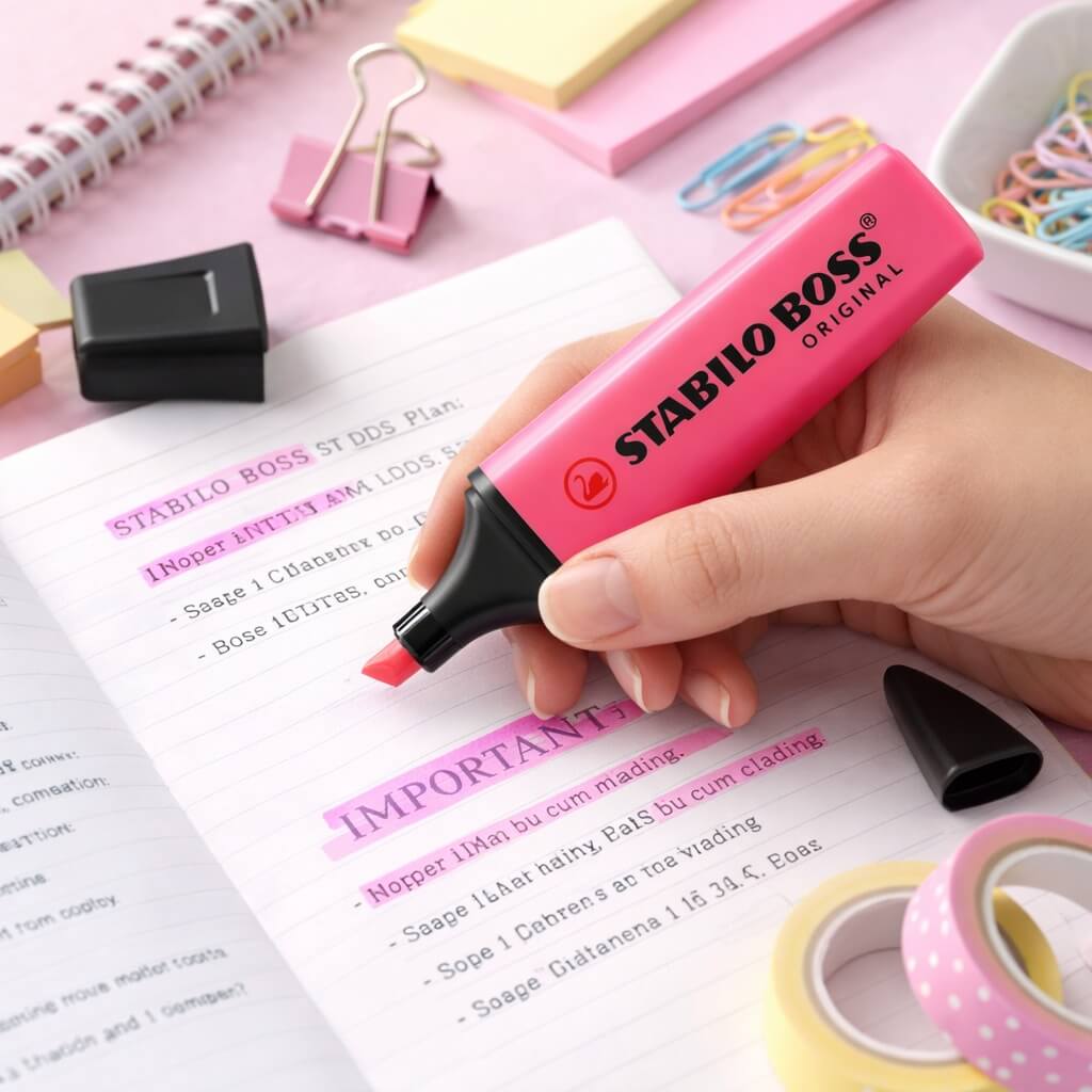 Hånd der bruger STABILO BOSS pink highlighter til at overstregne tekst i notesbog