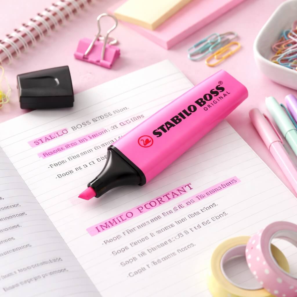 STABILO BOSS pink highlighter på åben notesbog med pastel kontorartikler