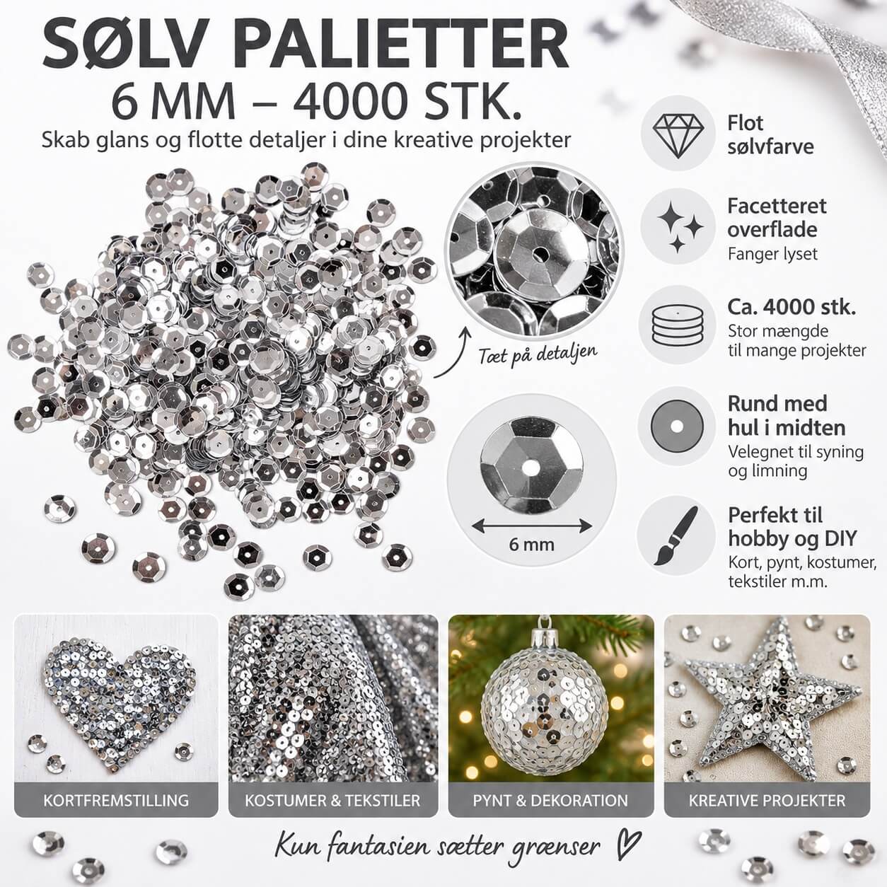 Infografik med sølv palietter 6 mm – ca. 4000 stk. facetterede palietter til hobby, syning og dekoration
