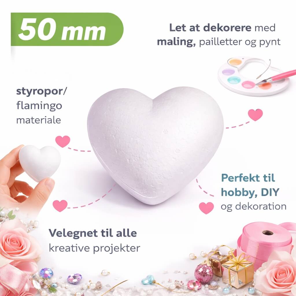 Styropor hjerte 50 mm infografik til hobby, DIY og dekoration med maling og pynt
