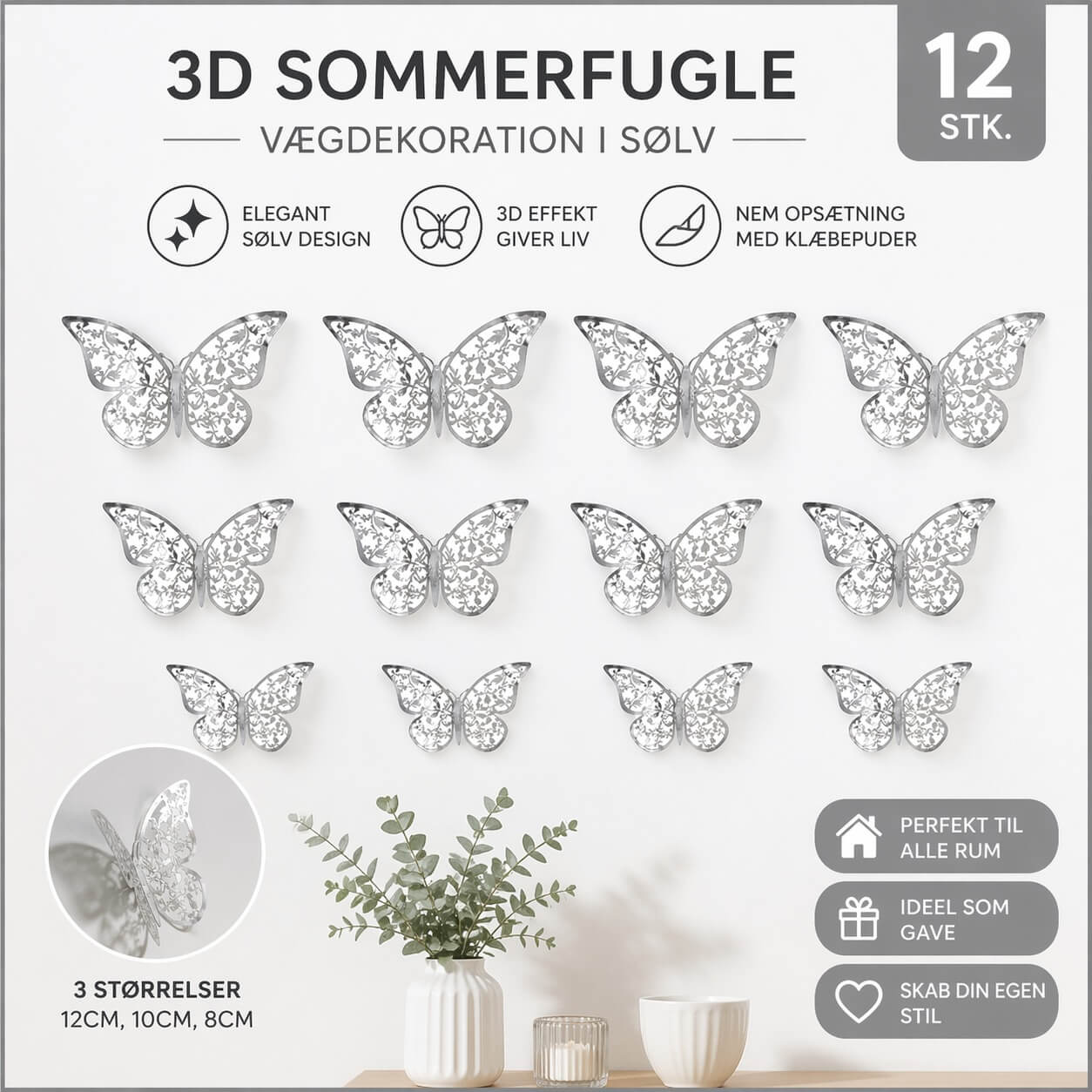 3D sommerfugle i sølv 12 stk vægdekoration med 3 størrelser og nem montering