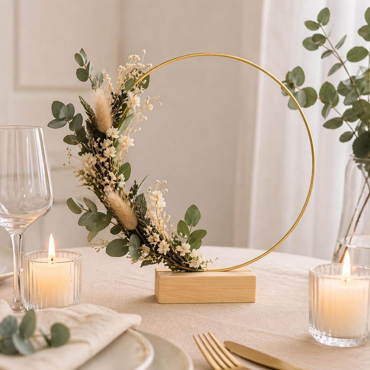 Dekorationsring med træfod 20 cm guld som bordpynt med blomster og lys til bryllup