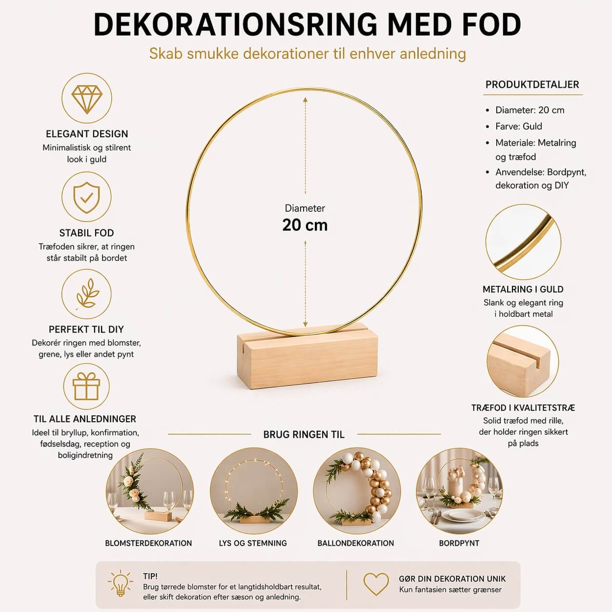 Dekorationsring med træfod 20 cm guld til borddekoration og DIY pynt