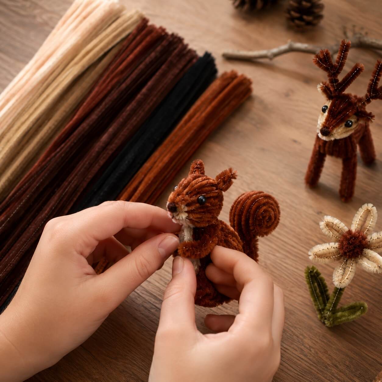 Barn laver egern af chenille piberensere brun mix 6 mm 30 cm på hobbybord med kreative DIY-projekter og naturinspirerede figurer.