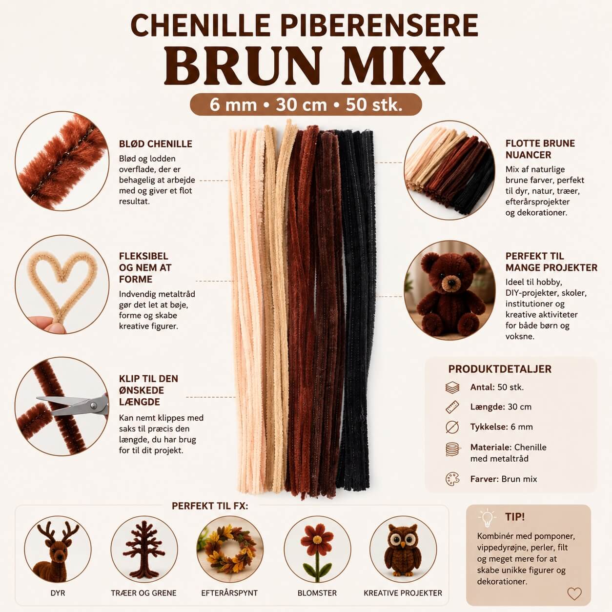 Chenille piberensere brun mix 6 mm 30 cm 50 stk infografik med produktdetaljer, naturlige brune farver og kreative anvendelsesmuligheder til hobby og DIY.