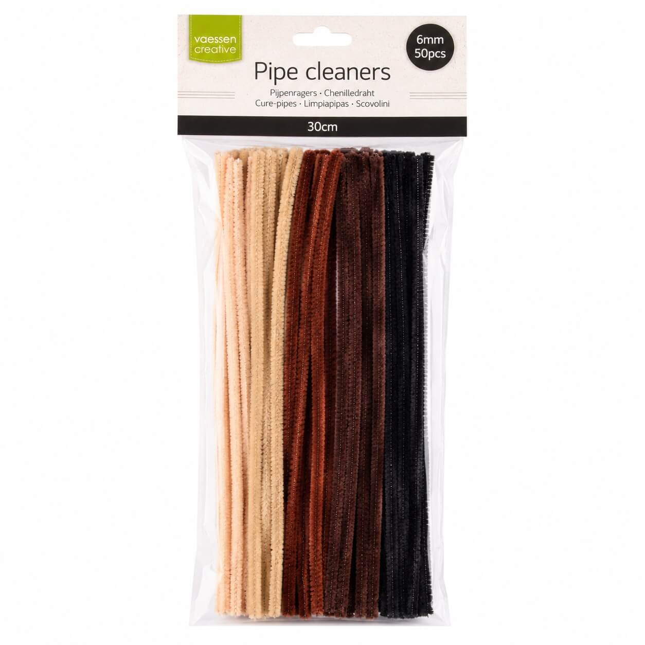 Chenille piberensere brun mix 6 mm 30 cm 50 stk i original emballage med naturlige brune nuancer til hobby, DIY og kreative projekter.
