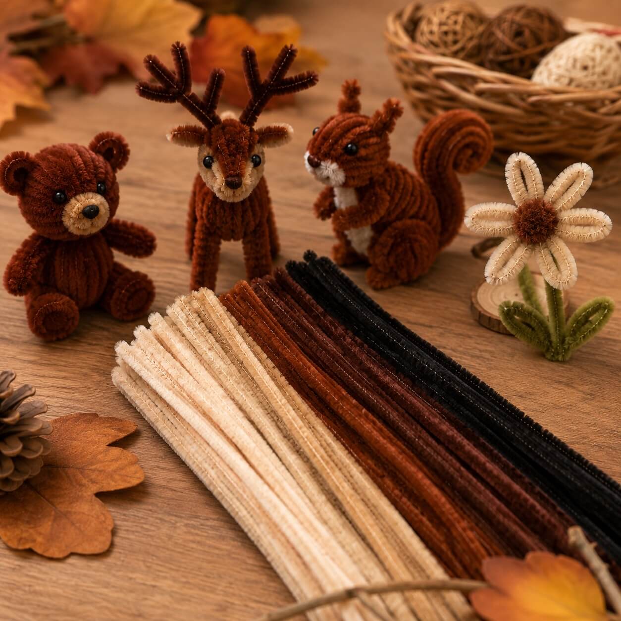 Chenille piberensere brun mix i naturlige farver brugt til kreative dyr, blomster og hobbyprojekter på rustikt bord med efterårsinspiration.