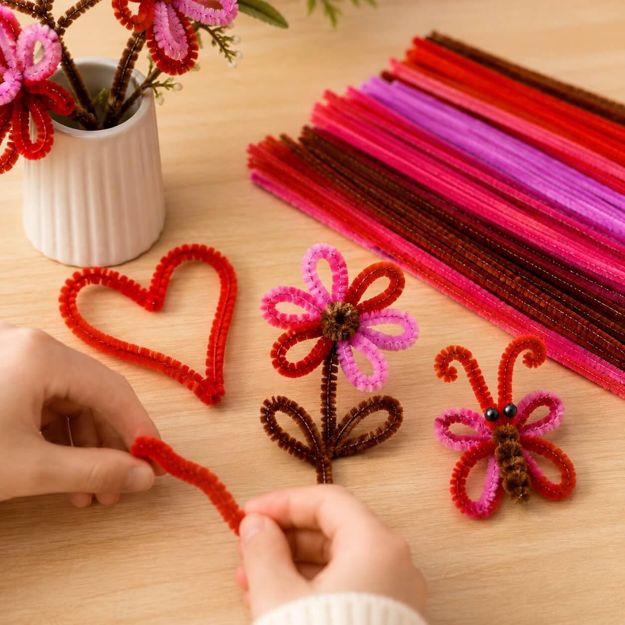 Barn laver blomster, sommerfugl og hjerte af chenille piberensere rød mix 6 mm 30 cm til kreative hobbyprojekter.