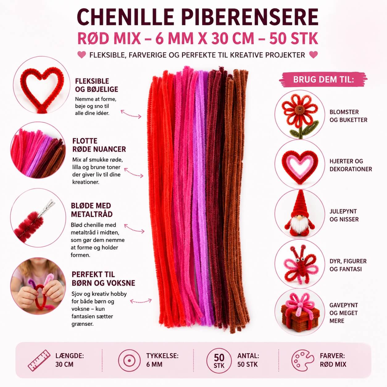 Chenille piberensere rød mix 6 mm 30 cm 50 stk infografik med produktinformation, anvendelsesmuligheder og kreative hobbyidéer.