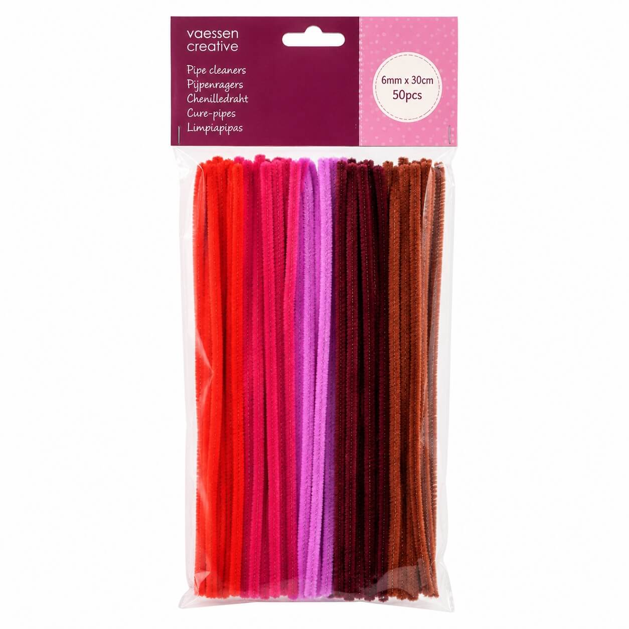 Chenille piberensere rød mix 6 mm 30 cm 50 stk i original emballage. Farverige hobby piberensere til kreative projekter, figurer og dekorationer.