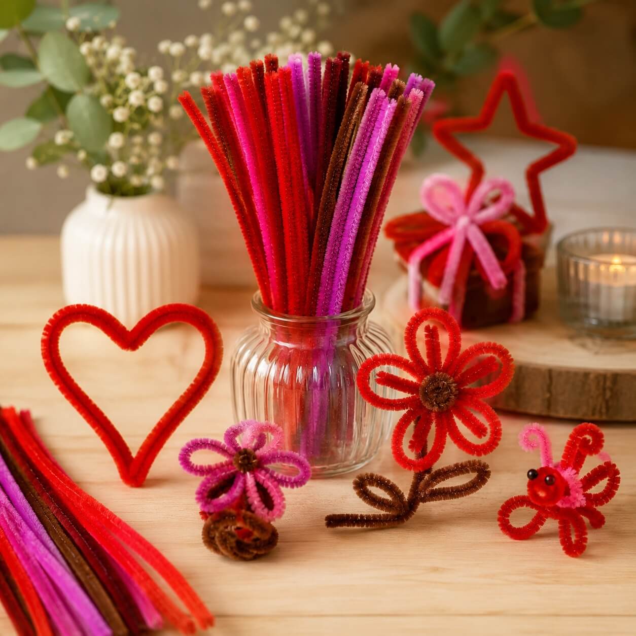Chenille piberensere rød mix formet som blomster, hjerte og sommerfugl i kreativ hobbydekoration med røde, pink og lilla nuancer.