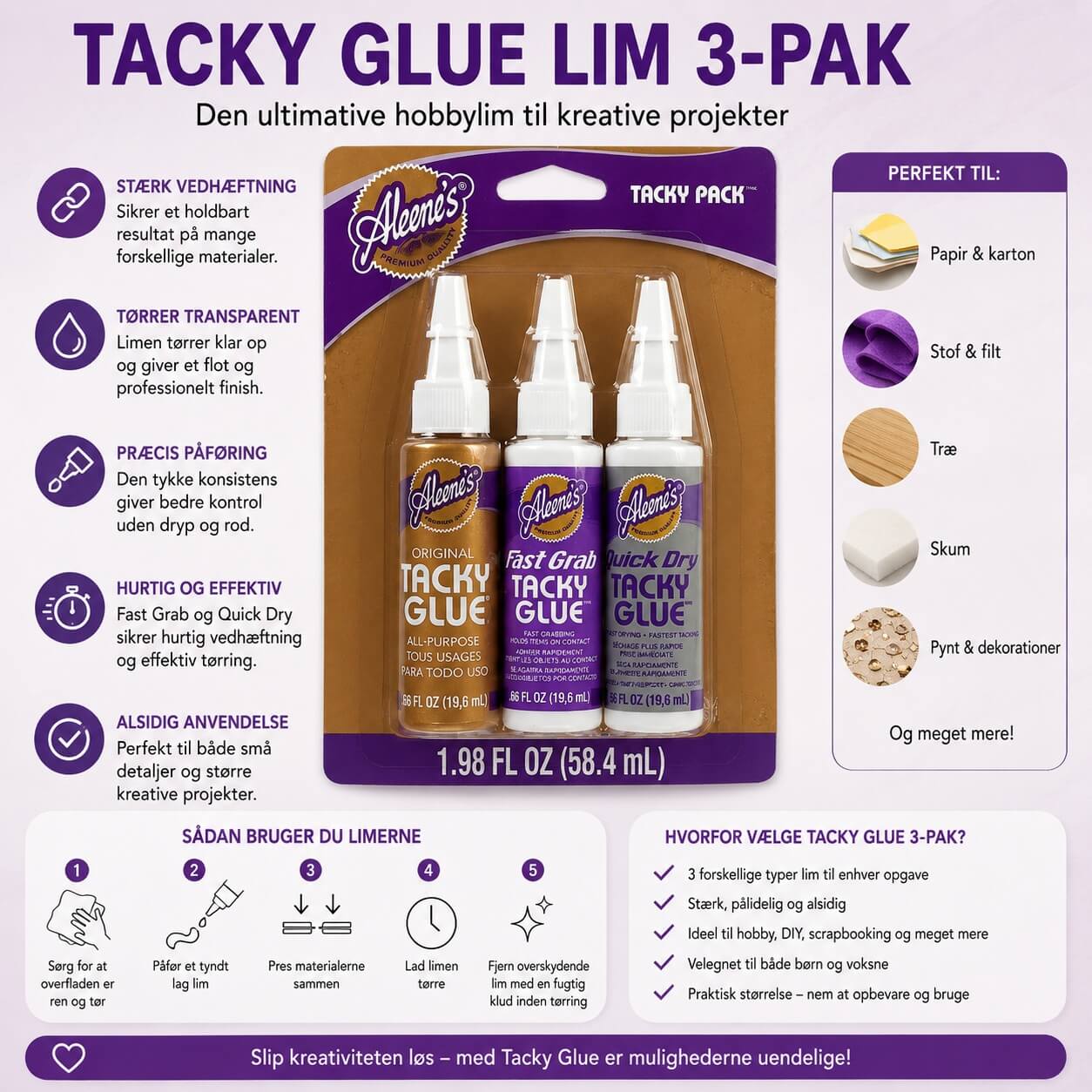 Infografik af Tacky Glue lim 3-pak hobbylim til scrapbooking, DIY, papir, stof og kreative projekter