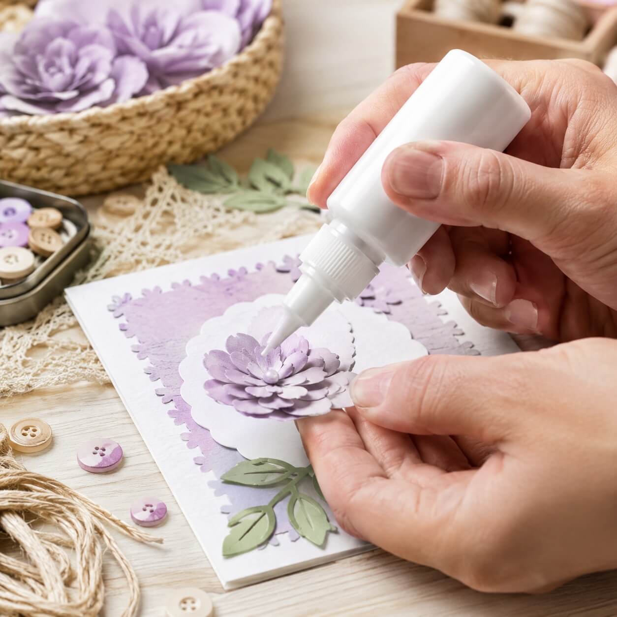 Brugsbillede af Tacky Glue lim til DIY kortfremstilling og kreative hobbyprojekter med papirblomster